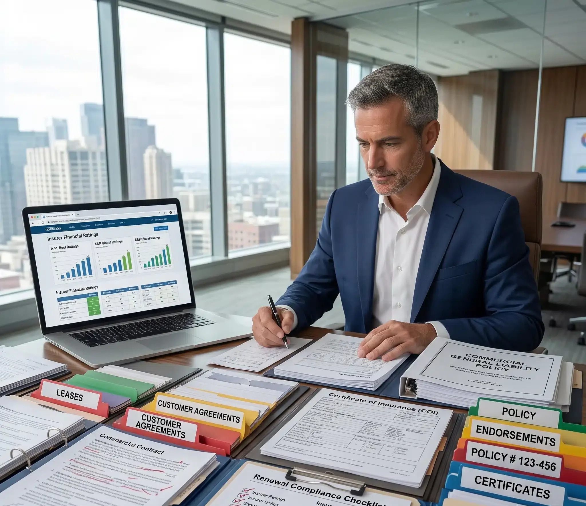 A broker performs final policy verification by reviewing carrier ratings, contracts, and compliance requirements with a Commercial Insurance Renewal Checklist before coverage is renewed.