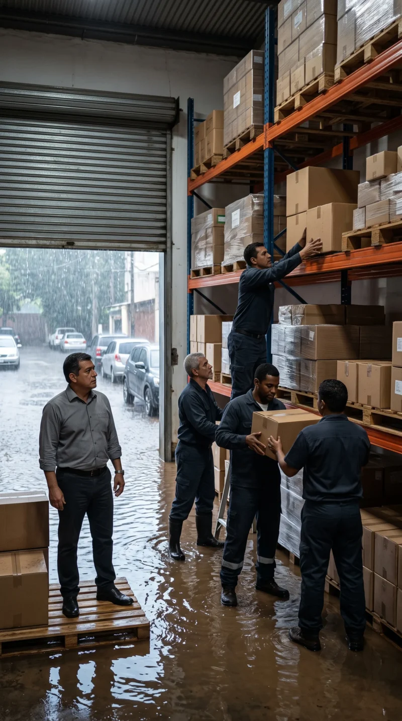 A commercial warehouse faces flood exposure, highlighting how Commercial Insurance Coverage Gaps can leave property and inventory vulnerable.