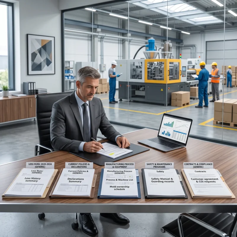 Plastics manufacturing executive organizing loss runs, policies, process information, tooling schedules, safety records, contracts, and certificates for Plastics Manufacturer Insurance