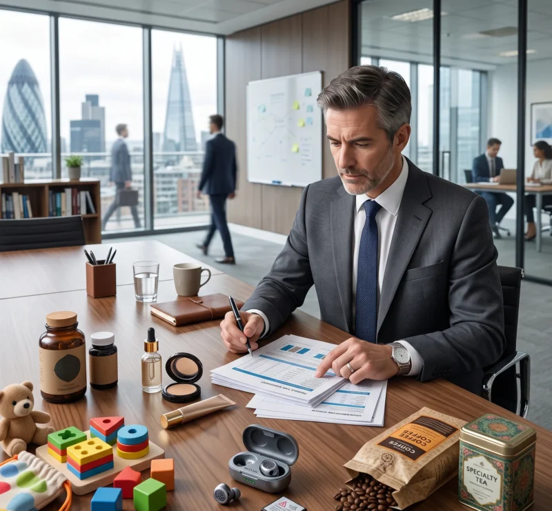 Supplements, cosmetics, a toy, and a lithium-ion device on a broker's table showing when does business insurance cover a new product line needs special underwriting.