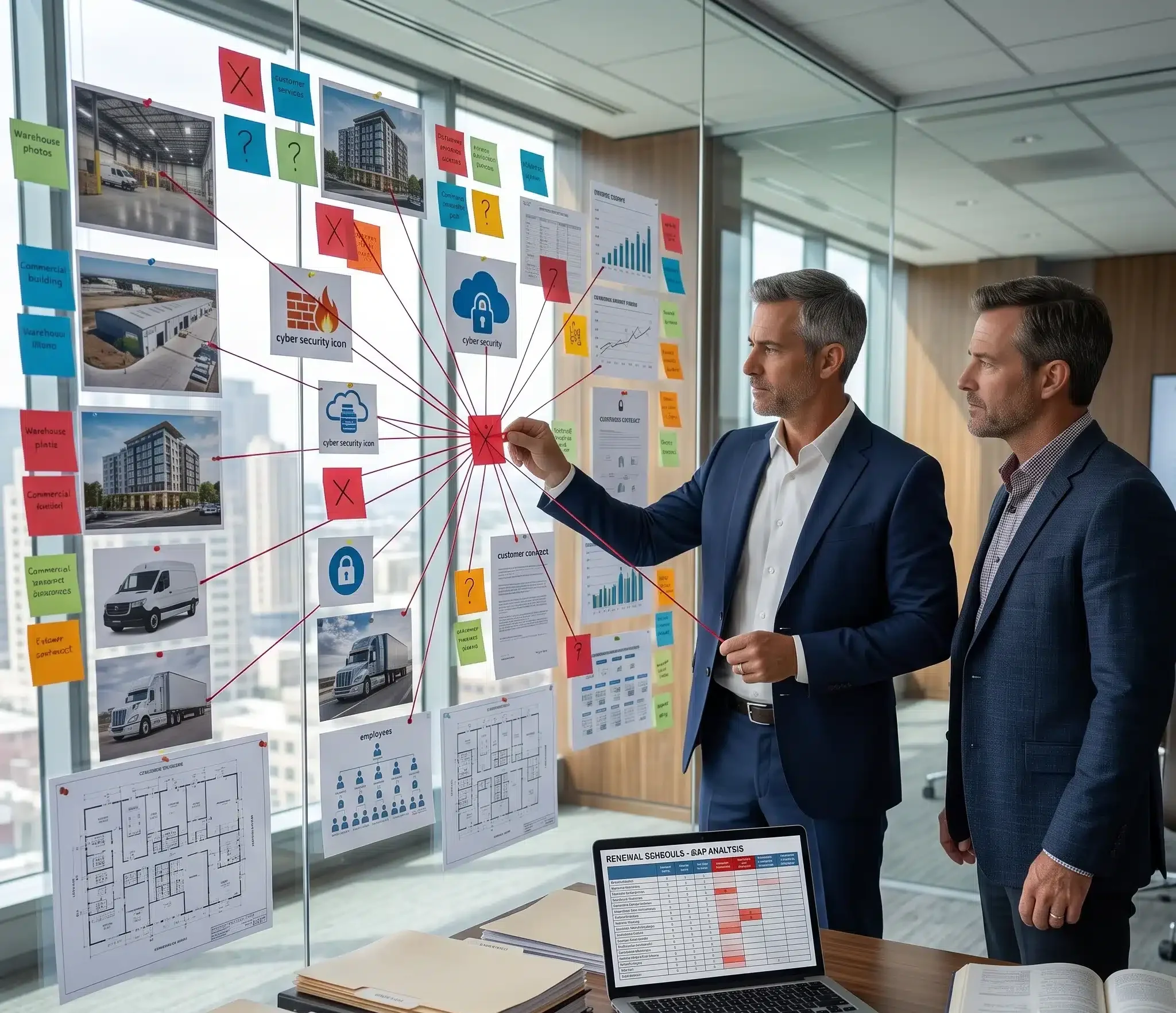 A commercial insurance broker identifies policy gaps with visual planning tools and a Commercial Insurance Renewal Checklist to uncover missing coverage before renewal.