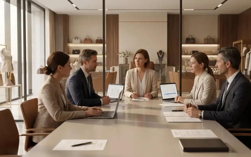 An insurance broker meets with luxury retail business owners to review coverage options and identify gaps in their Luxury Retail Insurance policy.