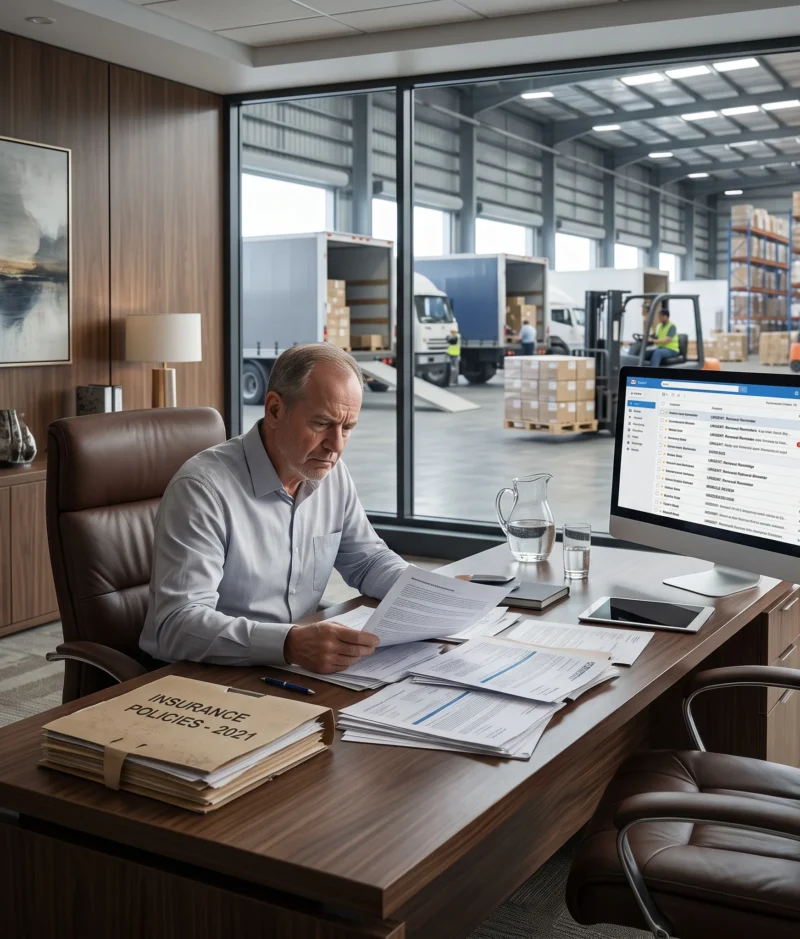Wholesale business owner reviewing outdated insurance renewal documents, highlighting broker service failures and wholesale distributor insurance gaps that can leave a growing business exposed.