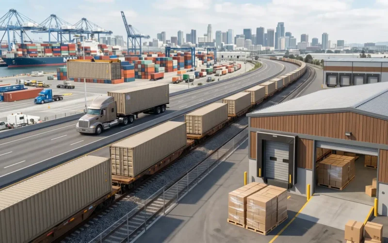 A freight truck, shipping container, train, and warehouse illustrate the different types of coverage that may answer does insurance cover stolen cargo during transit or storage.