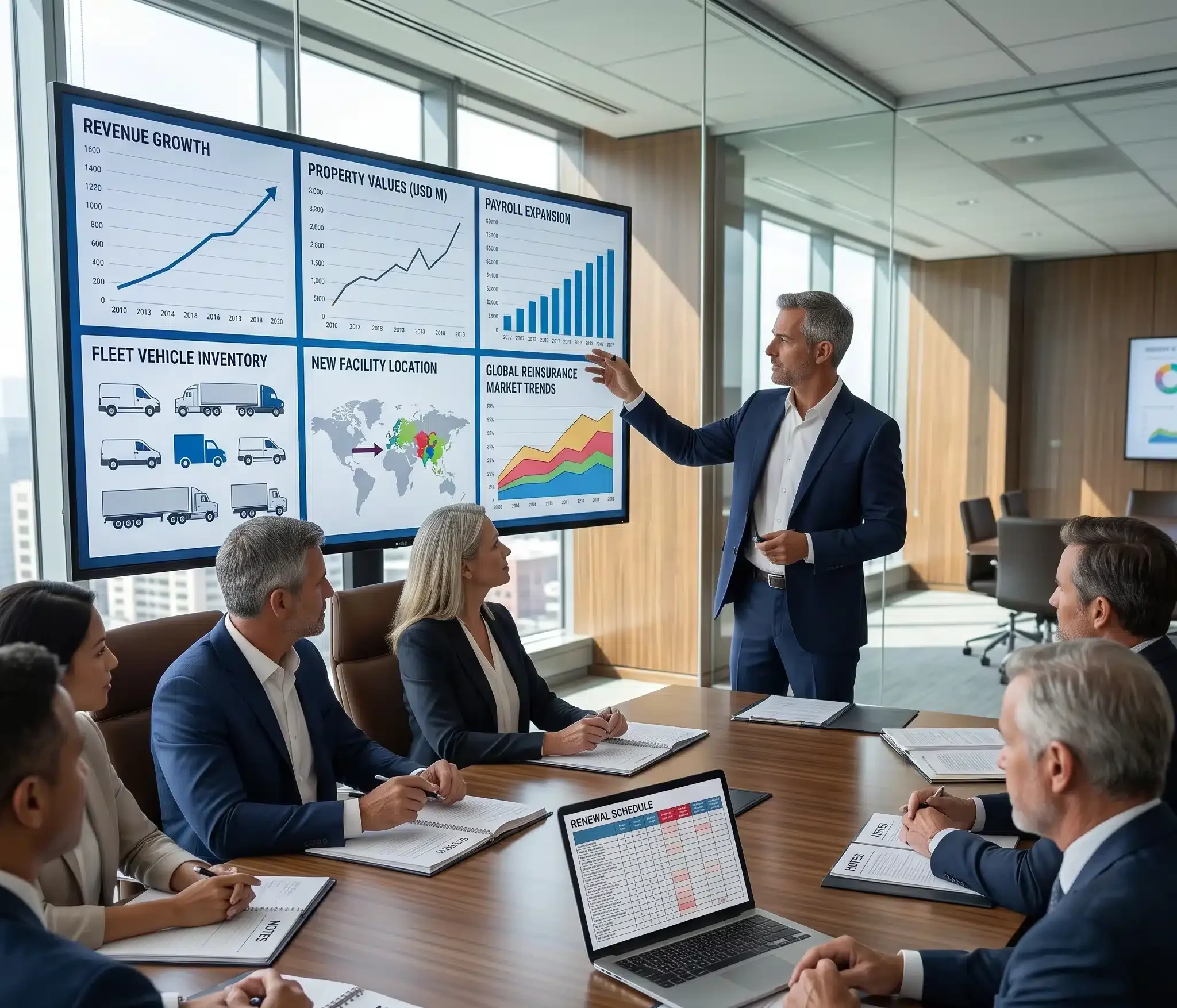A broker presents business growth, claims history, and market trends while using a Commercial Insurance Renewal Checklist to explain factors affecting renewal premiums.