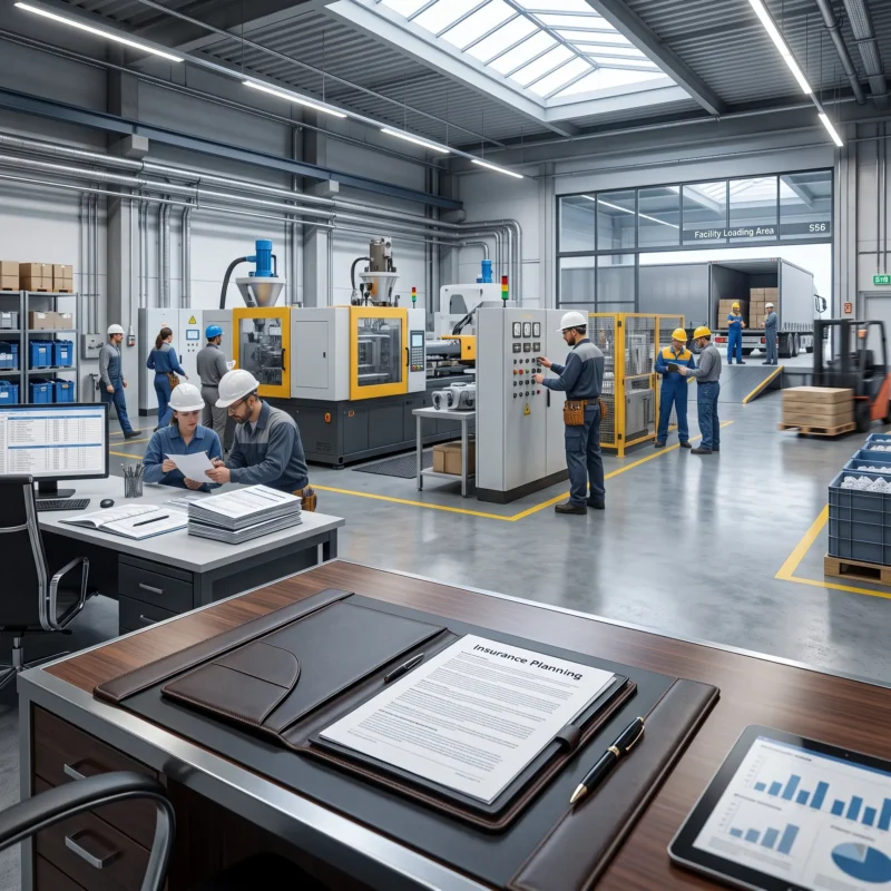 Plastics manufacturing facility with production equipment, employees, delivery vehicles, and maintenance operations representing key Plastics Manufacturer Insurance coverages