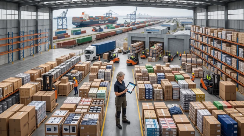 Large warehouse filled with peak seasonal inventory as a manager reviews Stock Throughput Insurance coverage needs.