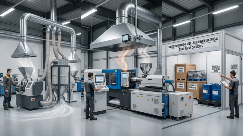 Business owner and insurance broker reviewing Plastics Manufacturer Insurance policies and coverage documents in a modern manufacturing office