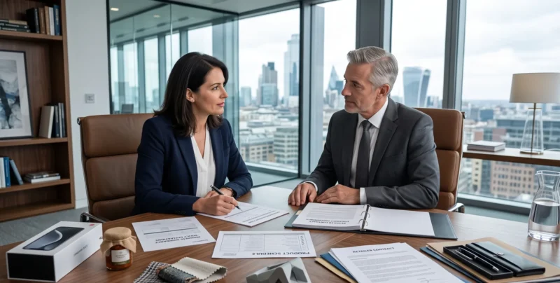 Specialist broker leading a pre-launch coverage review to confirm does business insurance cover a new product line before the product ships.