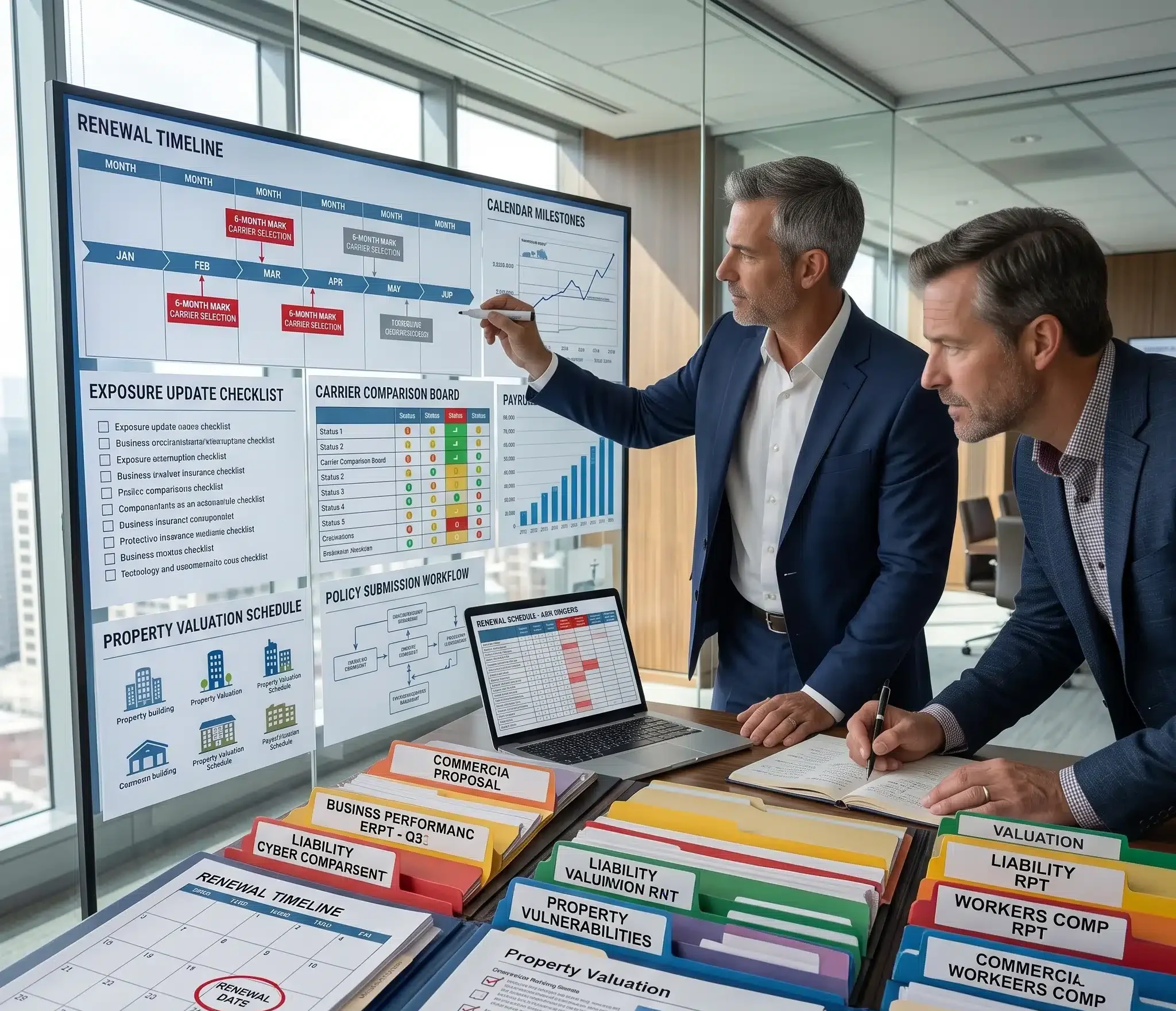 A commercial insurance broker conducts an early planning session with a client using a Commercial Insurance Renewal Checklist to prepare for a smooth and comprehensive policy renewal.