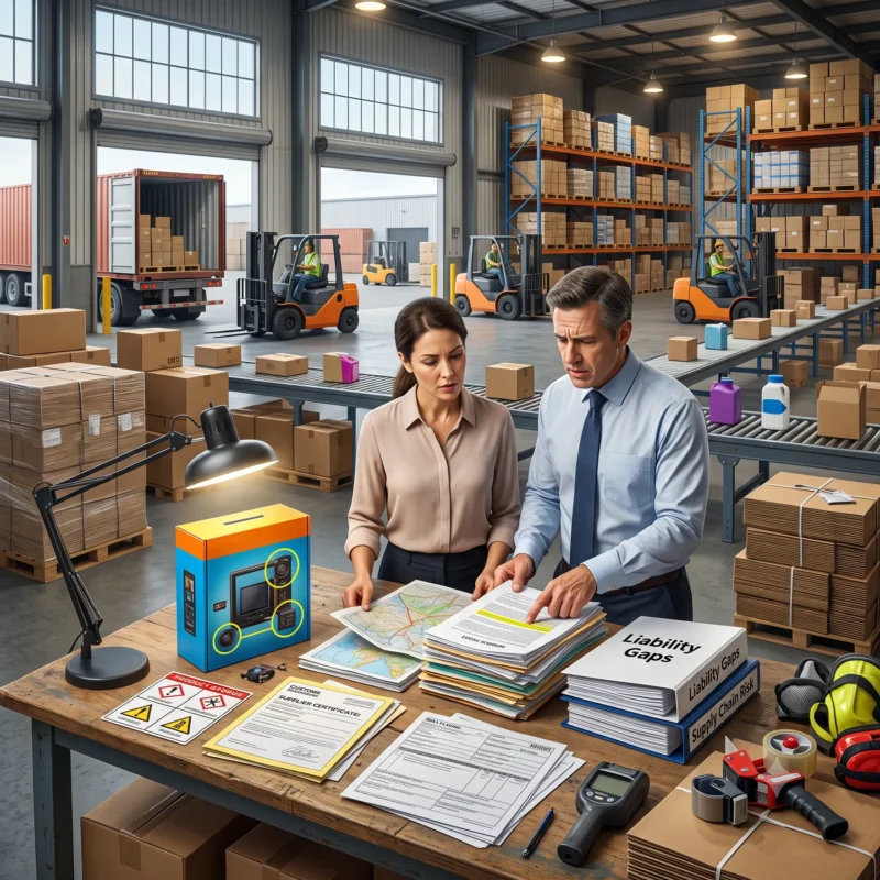 Wholesale distributor reviewing supplier certificates, imported products, and liability documents to reduce wholesale distributor insurance gaps related to product liability claims.