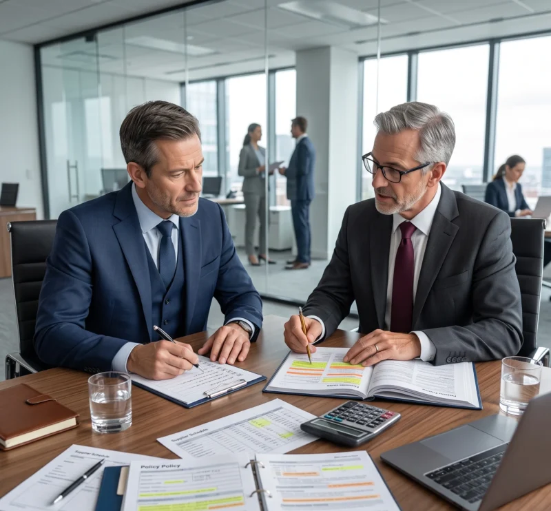 Business owner reviewing supplier coverage questions with an insurance broker to understand Does Business Interruption Insurance Cover Supplier Problems and what policy limits apply