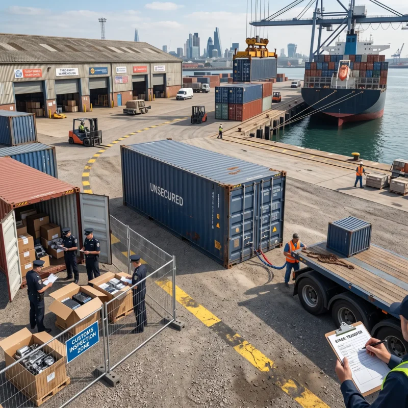 Shipment moving through ports, customs, third-party warehouses, and freight transportation illustrating risks addressed by Stock Throughput Insurance.