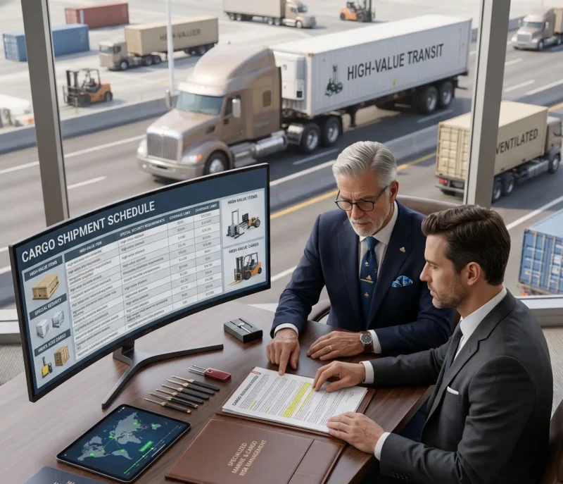 A specialty insurance broker and business owner review customized cargo coverage designed to address does insurance cover stolen cargo, including limits, security requirements, and high-value shipments.