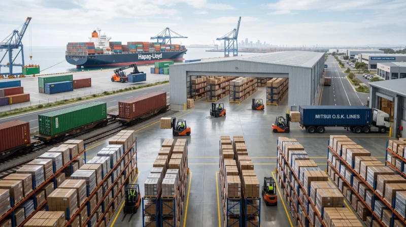 Shipment traveling from an overseas port through inland transportation and warehouse storage to a customer, illustrating Stock Throughput Insurance coverage.