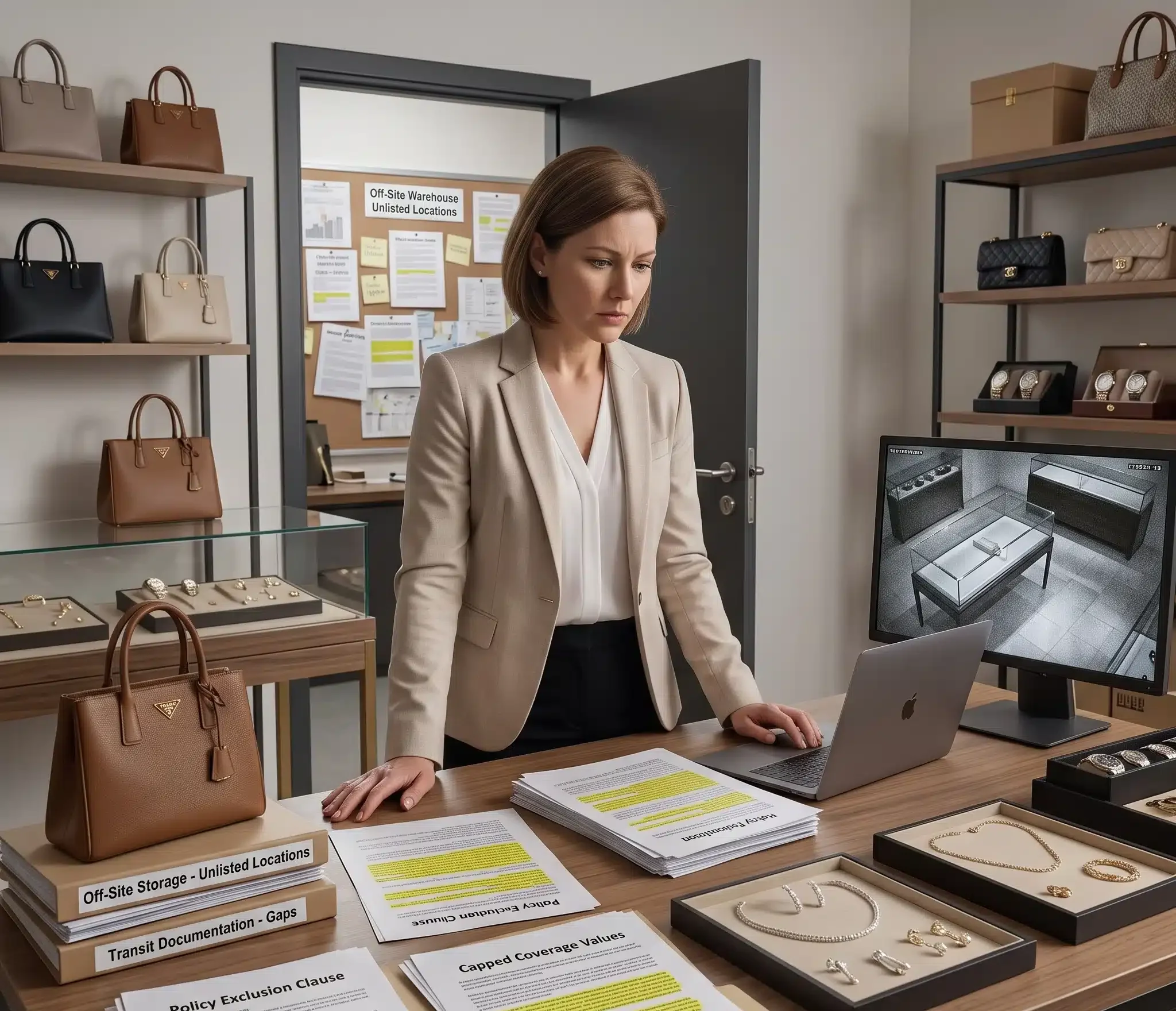 A luxury retail store manager examines inventory records and claim documents after a theft incident, highlighting the importance of comprehensive Luxury Retail Insurance.
