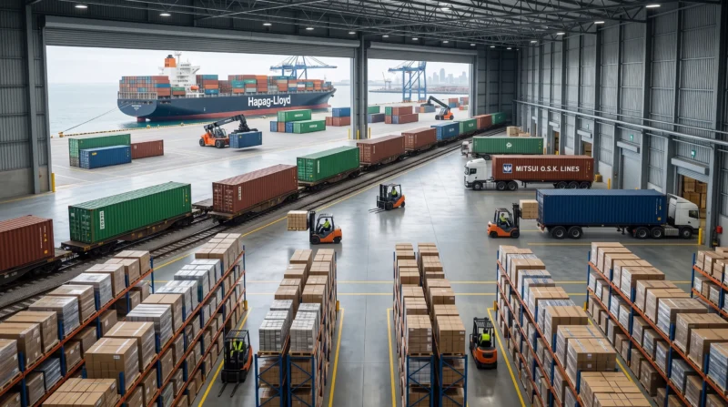 Cargo ships, inland transportation, and warehouse inventory illustrating the three components of Stock Throughput Insurance.