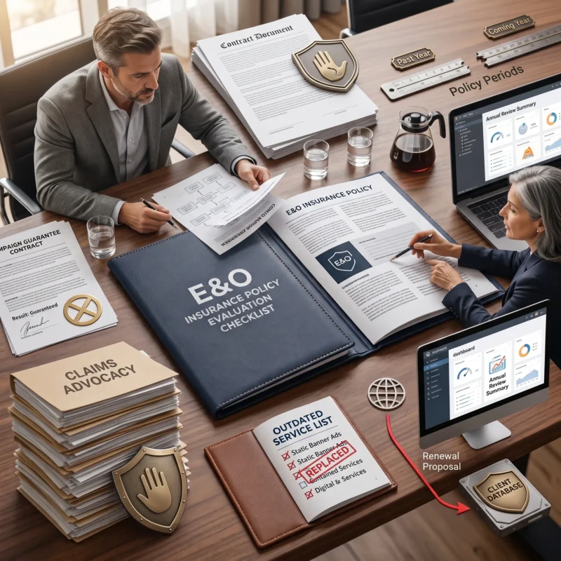 Marketing agency owner and insurance broker reviewing policies, contracts, services, and risk exposures during an annual Insurance for Marketing Agencies review.