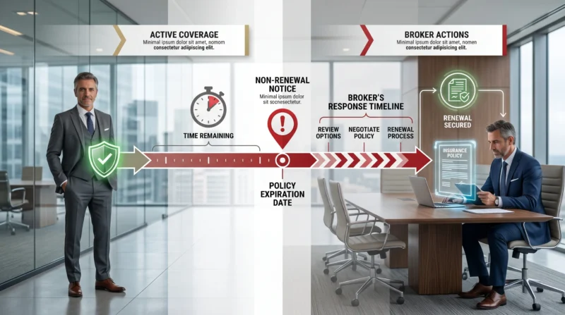 Insurance timeline showing active coverage, non-renewal notice, time to remarket, and expiration for an Insurance Company Not Renewing My Business Policy