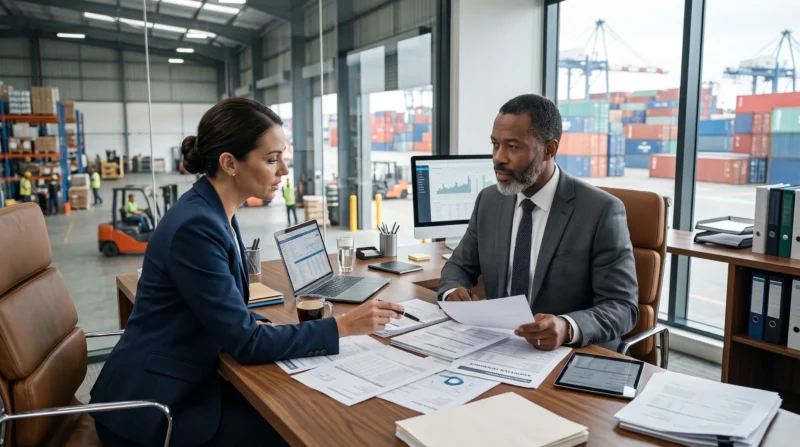 Food importer business owner and insurance broker reviewing Food Importer Insurance policies, shipment documents, and coverage options during a professional meeting.