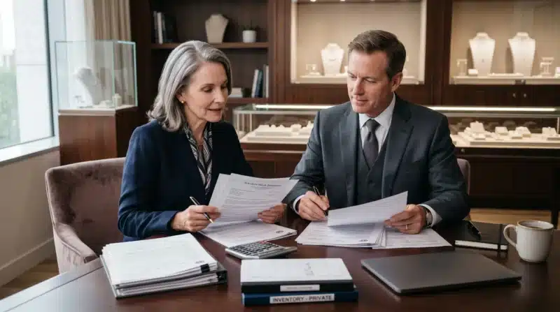 Jewelry business owner and insurance broker reviewing Jewelers Block Insurance policy documents in a sophisticated jewelry office.