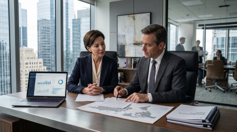 Business owner and insurance broker reviewing Foreign Liability Insurance policies and international coverage options in a modern office.