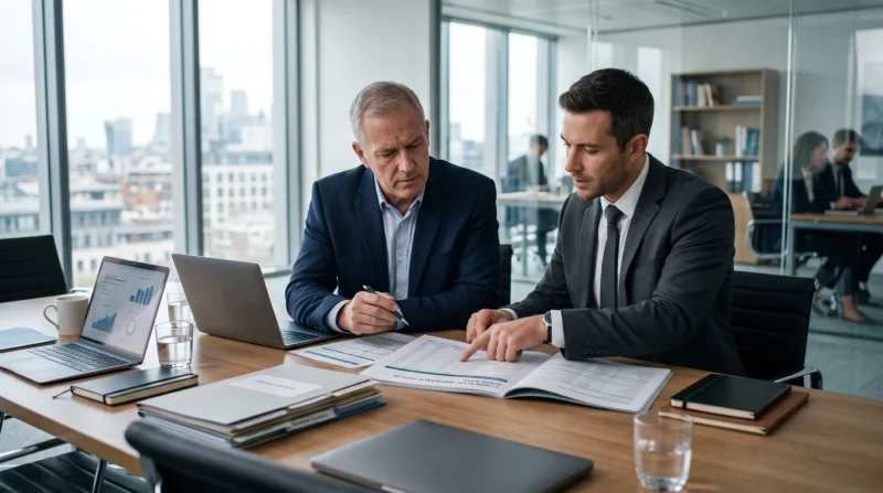 Business owner and insurance broker reviewing commercial insurance renewal policies and comparing premium figures together. Why Is My Commercial Insurance Renewal So High
