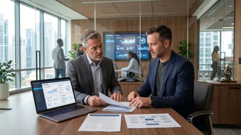 Digital health company owner and insurance broker reviewing insurance policies and coverage options together as part of a Digital Health Company Insurance program.
