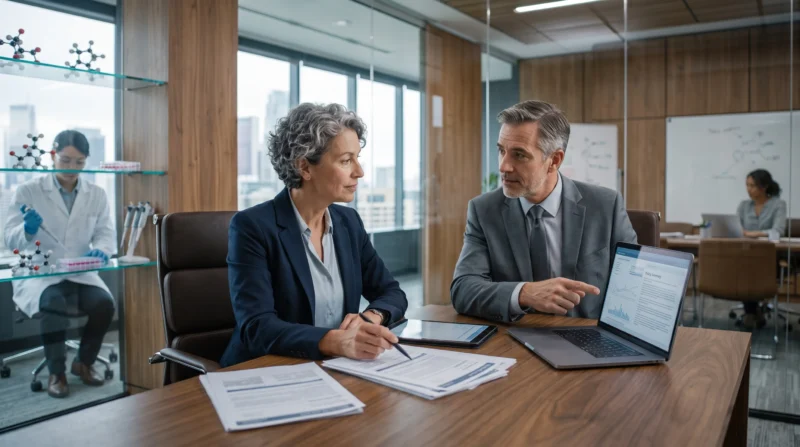 Contract Research Organization business owner and insurance broker reviewing insurance policies and coverage requirements for Contract Research Organization Insurance.
