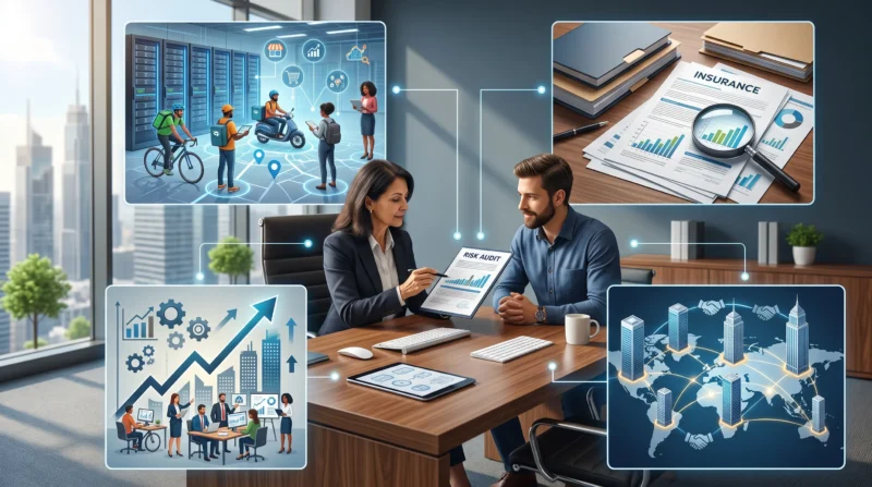 Business owner and insurance broker reviewing risk audits, carrier relationships, technology experience, and ongoing coverage management for Gig Economy Platform Insurance.