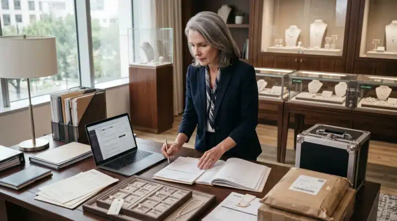 Jewelry business owner managing valuable inventory, customer repair items, shipping packages, and trade-show materials covered by Jewelers Block Insurance.