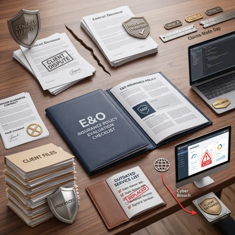 Visual representation of common coverage mistakes involving E&O, cyber liability, claims-made policies, contractors, exclusions, and limits in Insurance for Marketing Agencies.
