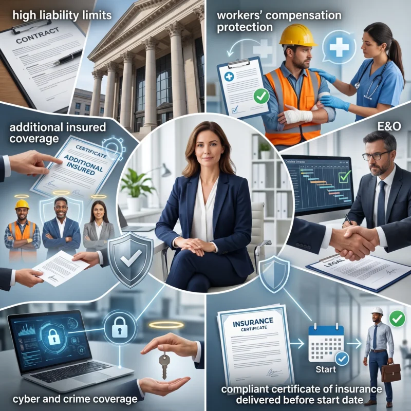 Visual collage showing liability limits, additional insured coverage, workers’ compensation, E&O, cyber, crime, and certificates for Insurance for Staffing Companies