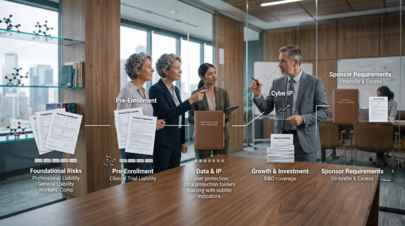 CRO team and insurance broker reviewing the sequence of professional liability, general liability, workers’ compensation, clinical trial liability, cyber, D&O, and umbrella coverage for Contract Research Organization Insurance.