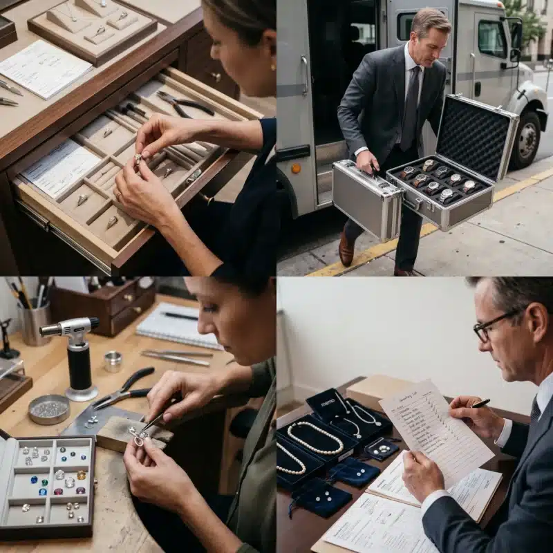 Jewelry professionals handling engagement rings, luxury watches, loose gemstones, unfinished materials, and memo inventory for Jewelers Block Insurance coverage.