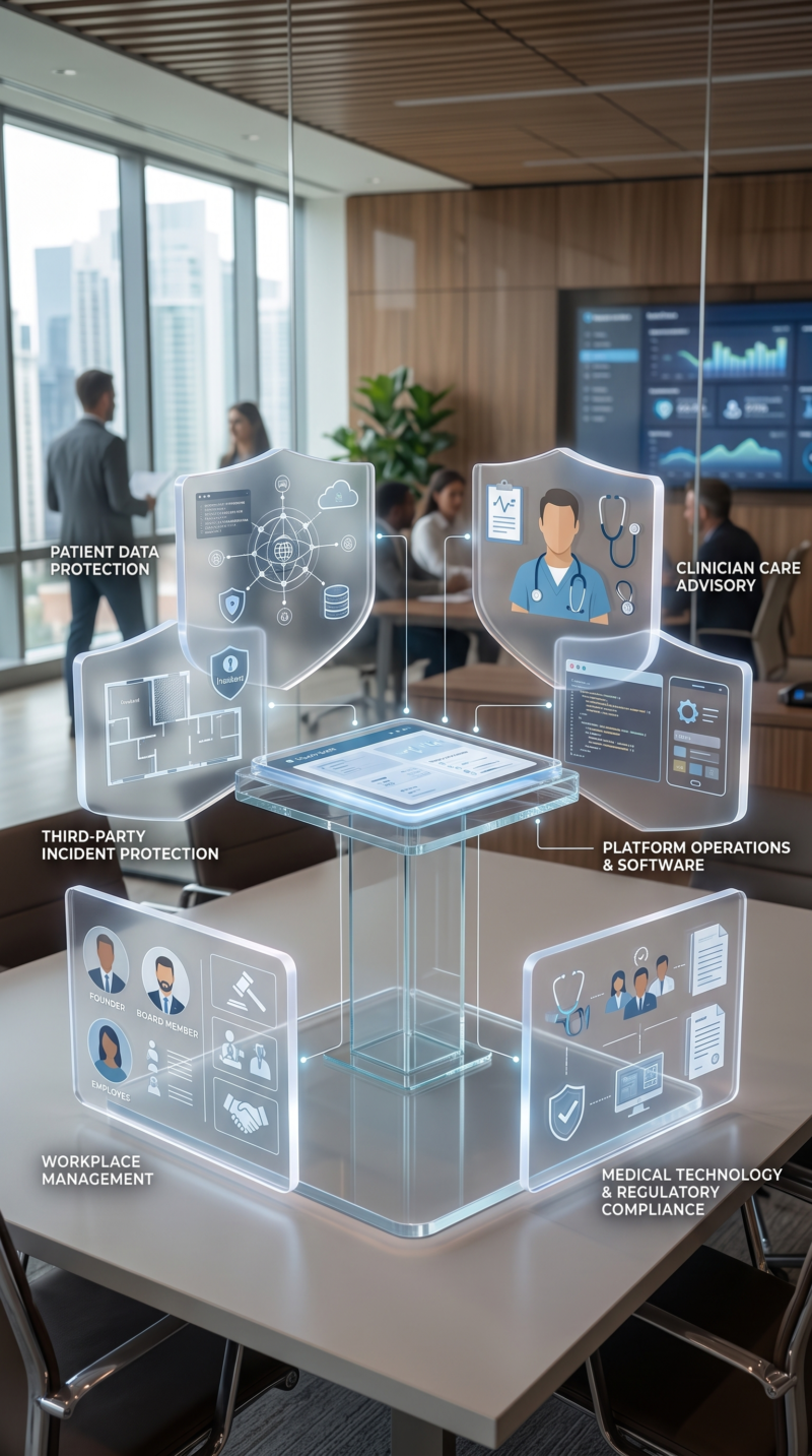 Layered visual representation of Digital Health Company Insurance covering technology errors and omissions, cyber and privacy, medical professional liability, general liability, D&O, employment practices, and conditional risks.