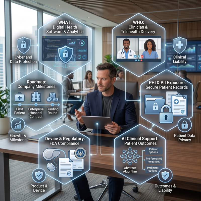 Digital health founder evaluating business activities, care delivery, patient data, clinical outcomes, regulatory exposure, and upcoming milestones to determine appropriate Digital Health Company Insurance coverage.