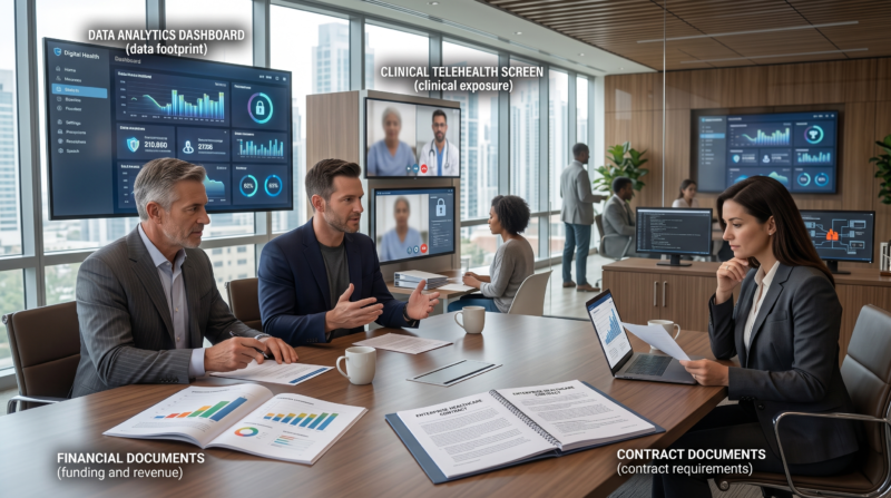 Insurance underwriting meeting evaluating data footprint, clinical exposure, funding, contract requirements, and cybersecurity controls that influence a company's Digital Health Company Insurance needs.