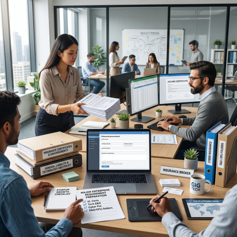 Gig economy technology company preparing general liability, tech E&O, cyber, D&O, EPLI, and certificate requirements for Gig Economy Platform Insurance.