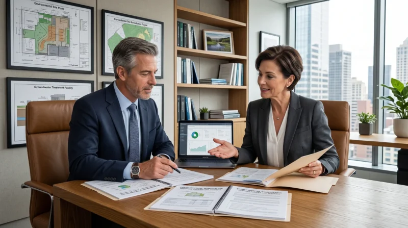 Environmental Remediation Insurance broker and business owner reviewing insurance policies and coverage documents together