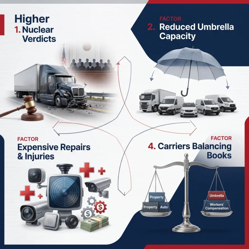 Infographic showing nuclear verdicts, shrinking umbrella capacity, expensive vehicle repairs and injuries, and carriers balancing commercial insurance portfolios. Why Is My Commercial Insurance Renewal So High