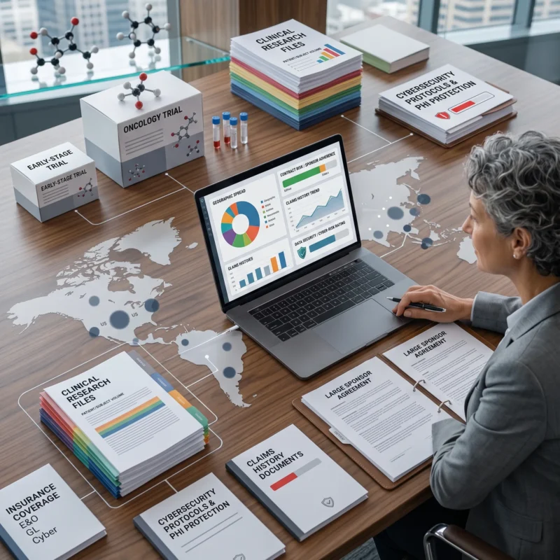 Contract Research Organization executive analyzing clinical trial risks, sponsor contracts, trial phases, geography, cybersecurity, PHI exposure, claims history, and other factors affecting Contract Research Organization Insurance premiums.
