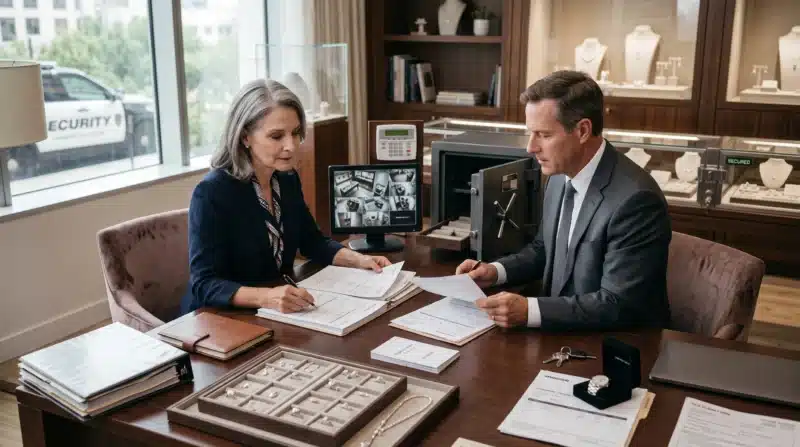 Jewelry business owner and insurance professional reviewing inventory values, security systems, loss history, deductibles, and transit activity affecting Jewelers Block Insurance premiums.