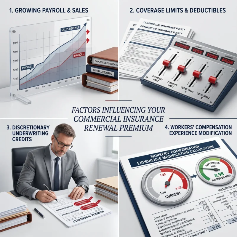 Infographic showing exposure growth, coverage changes, insurance credits, and workers compensation experience modification affecting commercial insurance premiums. Why Is My Commercial Insurance Renewal So High