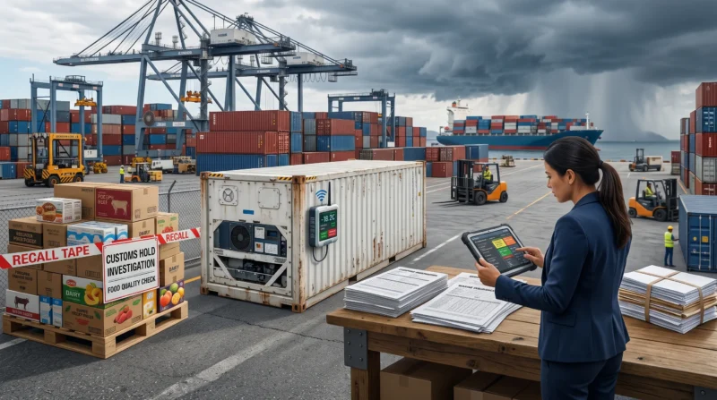 Food importer monitoring a delayed refrigerated shipment at a congested port, highlighting supply chain and cold-chain risks addressed by Food Importer Insurance.
