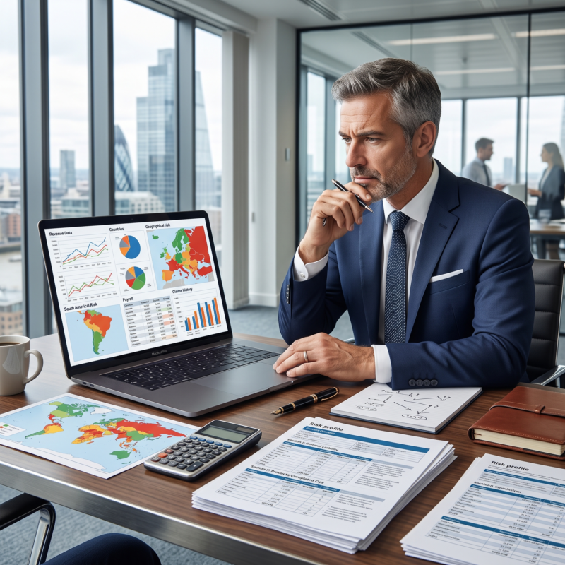 Insurance professional analyzing international revenue, countries, payroll, claims history, and other factors used to rate Foreign Liability Insurance.