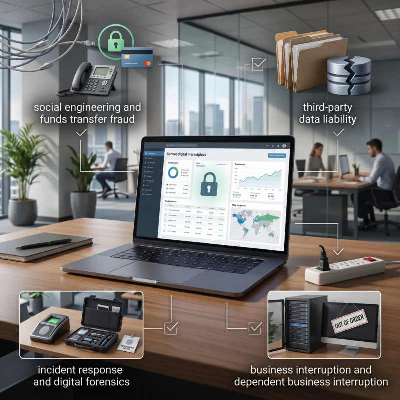 Cybersecurity and insurance coverage checklist illustrating social engineering, data liability, business interruption, and incident response considerations for Gig Economy Platform Insurance.