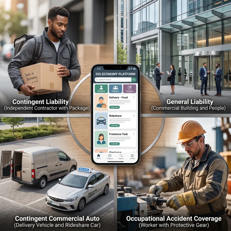 Visual representation of liability, general liability, occupational accident, and commercial auto coverages included in Gig Economy Platform Insurance.