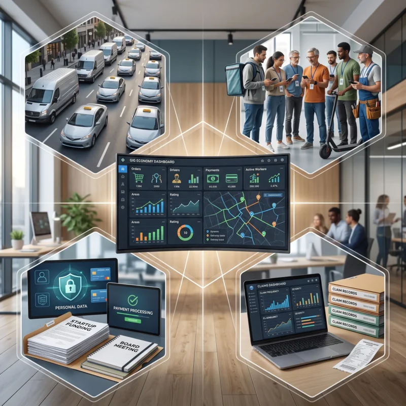 Visual representation of worker count, transaction volume, vehicles, personal data, funding, and claims that influence Gig Economy Platform Insurance requirements.