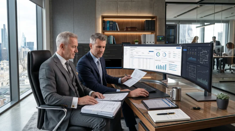 IT consulting firm owner and insurance broker reviewing professional coverage and Insurance for IT Consulting Firm policies